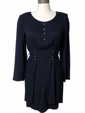 Vintage Katlyn O'Farrel Black Long-Sleeve Pleated Button Waist Dress